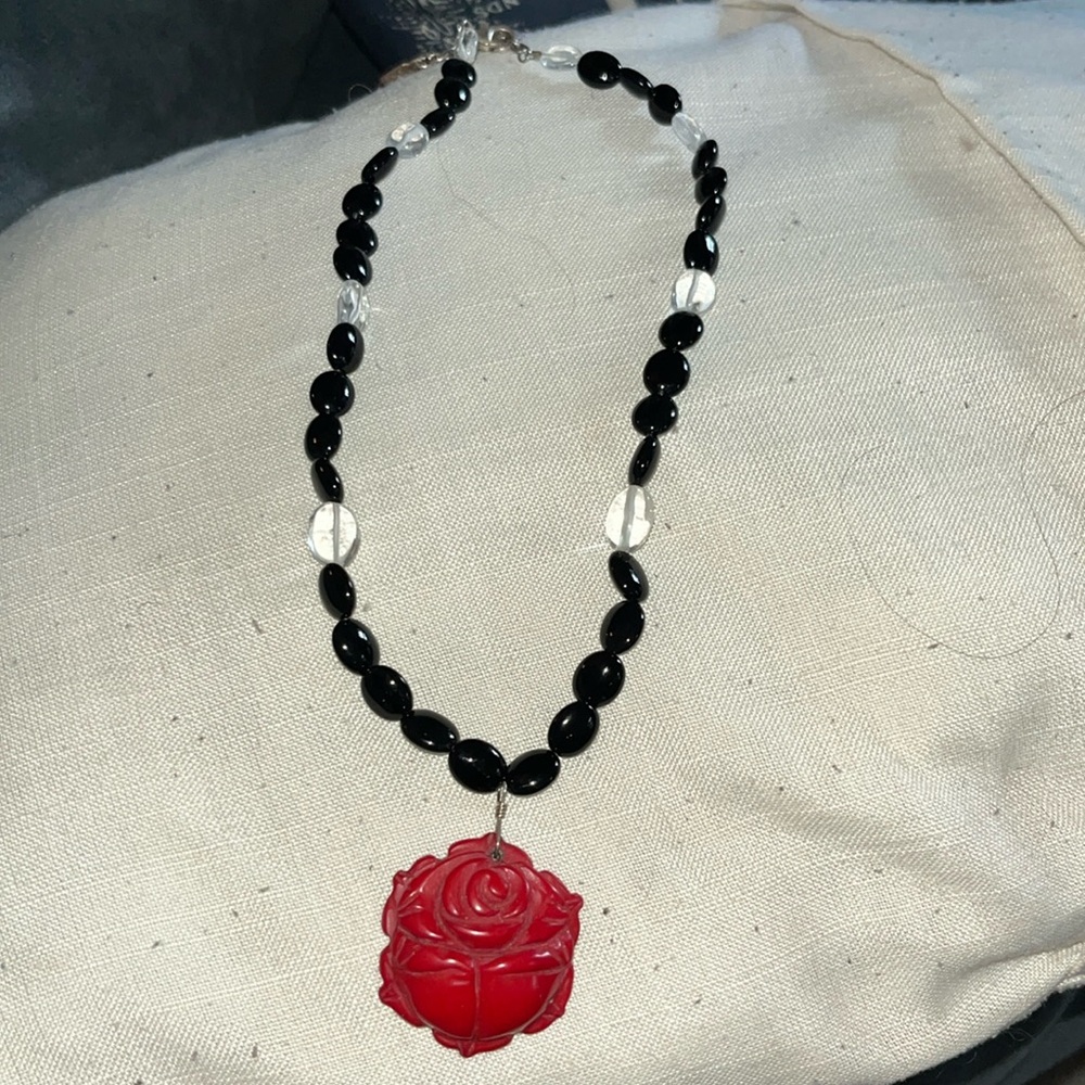 Vintage Peyote Bird Necklace- onyx and coral